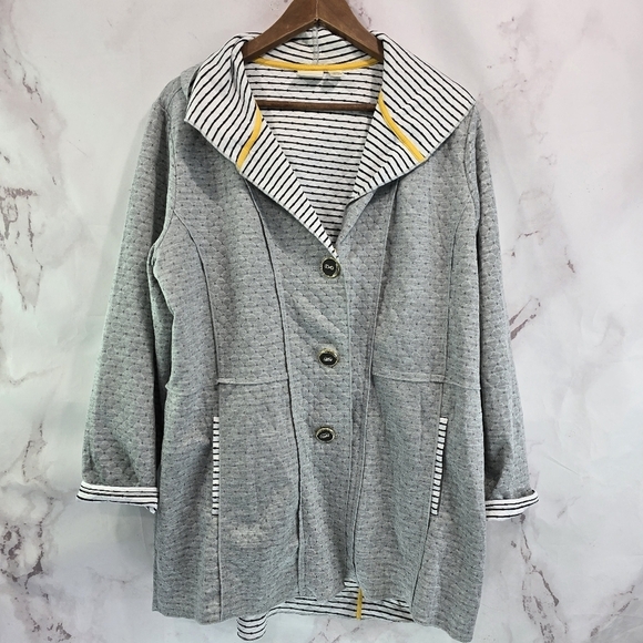 Chicos Jacket Womens XL 3 Gray Hooded Textured Knit Quilted Unstructured Striped - Picture 1 of 11